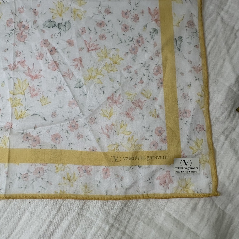 Valentino Garavani Scarf Handkerchief Floral Cotton White Yellow Pink Logo 16.5"